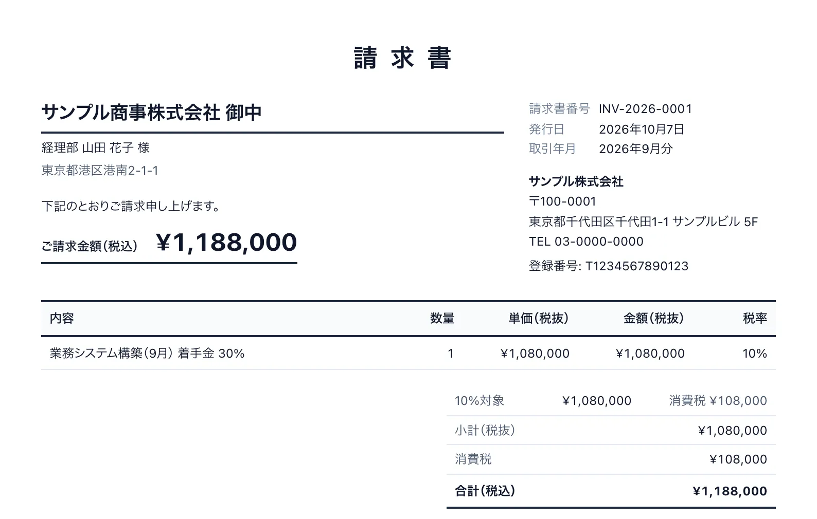 Hakarite で発行した請求書の印刷画面。請求書番号・登録番号・税率ごとの消費税・合計金額が記載されている